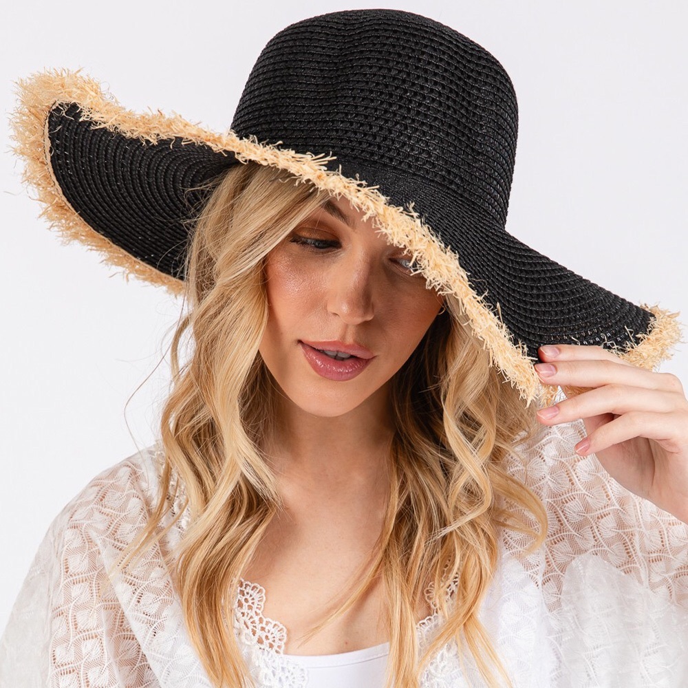 Black Frayed Straw Floppy Hat